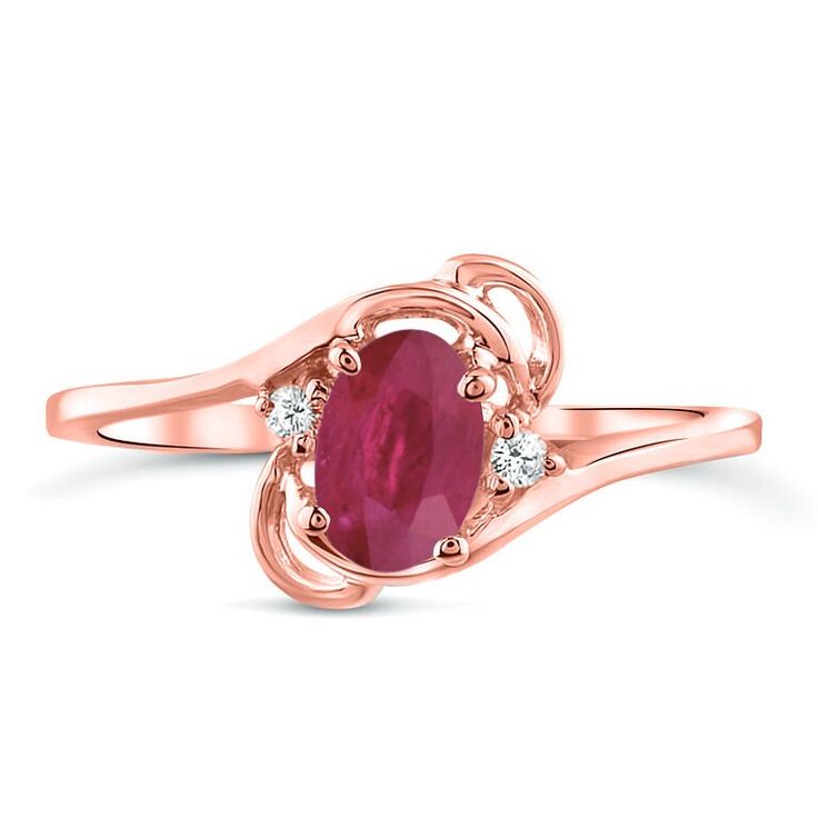 "We are introducing the \"14K Rose Gold\" Diamond and Ruby gemstone ring, a must-have piece for young ladies who appreciate exquisite jewelry--crafted from 14K rose gold, Approx 2 grams. This stunning ring features a radiant 6x4mm oval ruby gemstone weighing 0.60 carats, set securely in the middle of an intricate rose-gold ribbon design. Its trendy and versatile design makes it perfect for any occasion, whether a formal event or a casual outing. Adding to its beauty, two dazzling round cut diamonds measuring 1.4mm are perfectly placed on either side of the ribbon design. With superior G-H color and I1 clarity, these diamonds perfectly complement the brilliant red hue of the ruby gemstone. Country/Region of Manufacture: United States Brand: Megasettings Handmade: Yes Department: Women Occas 14k Rose Gold Ruby Promise Ring, Formal Rose Gold Birthstone Ring With Accent Stones, Elegant 14k Rose Gold Ruby Promise Ring, Formal Rose Gold Ruby Birthstone Ring, Formal Rose Gold Ruby Ring With Center Stone, Formal Rose Gold Birthstone Rings, 14k Rose Gold Ruby Ring With Prong Setting, Oval Rose Gold Diamond Ring With Birthstone, 14k Rose Gold Oval Ruby Ring