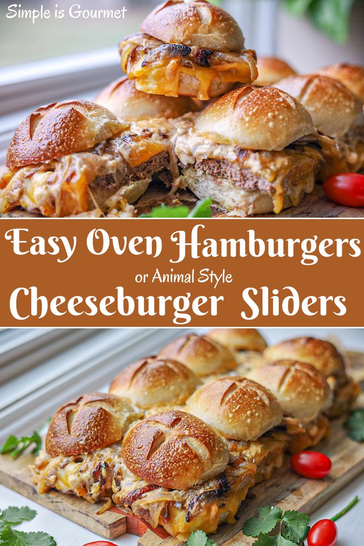 hamburger sliders on a cutting board with tomatoes and parsley