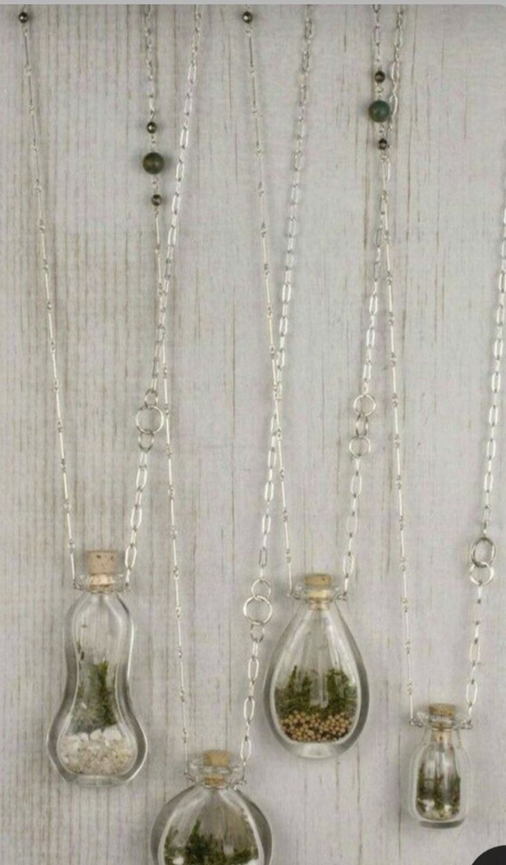 three glass bottles with plants in them hanging from chains