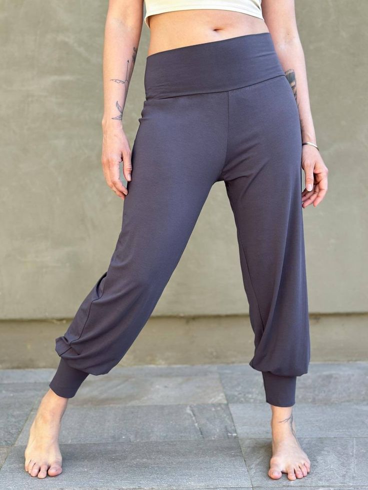 caraucci women's steel grey slim fit jogger pants with fold over waistband  #color_steel Baggy Joggers With Elastic Waistband For Loungewear, Baggy Harem Pants With Elastic Waistband, Versatile Tapered Leg Harem Pants For Loungewear, Baggy Ankle-length Joggers With Elastic Waistband, Gray Loungewear Pants With Elastic Cuffs, Comfortable Loose Fit Yoga Pants For Lounging, Baggy High-waisted Joggers With Elastic Waistband, Baggy Athleisure Joggers With Elastic Cuffs, Gray Athleisure Bottoms With Elastic Cuffs