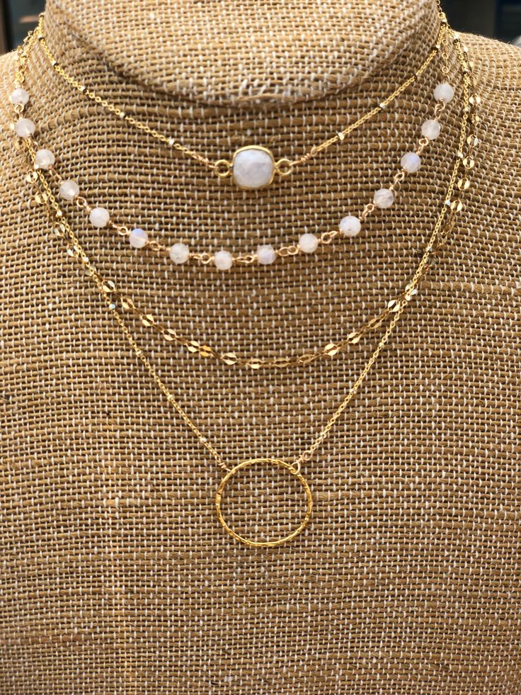 Moonstone beaded necklace Moonstone is considered a good luck stone, it can reunite lovers who have quarreled, and is an excellent stone to use in mediation to understand oneself. Energies- Love, Power, Healing, Luck Birthstone- April, June, August, October ✦ Details ✦ ✧ Choose from 14k gold filled, rose gold filled or sterling silver ✧ Moonstone beads are 4mm ✧ Necklace is wire wrapped with 14k gold filled, rose gold filled or sterling silver wire ✧ Necklace is 14 inches long with a 2 inch exte Bohemian Jewelry With Delicate Chain For Everyday, Everyday Bohemian Jewelry With Delicate Chain, White Minimalist Necklace For Layering, Minimalist White Necklace For Layering, Handmade Necklaces For Layering, Handmade Dainty 14k Gold-filled Crystal Necklace, Gold Necklace With Hand Wrapped Round Beads, Bohemian Hand Wrapped Necklaces For Layering, Spiritual White Necklaces For Layering