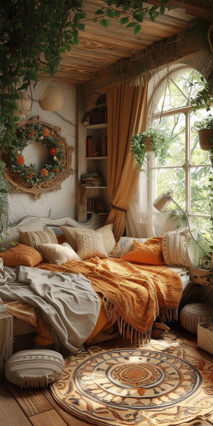 a room with a bed, rugs and plants in the window sill on the floor