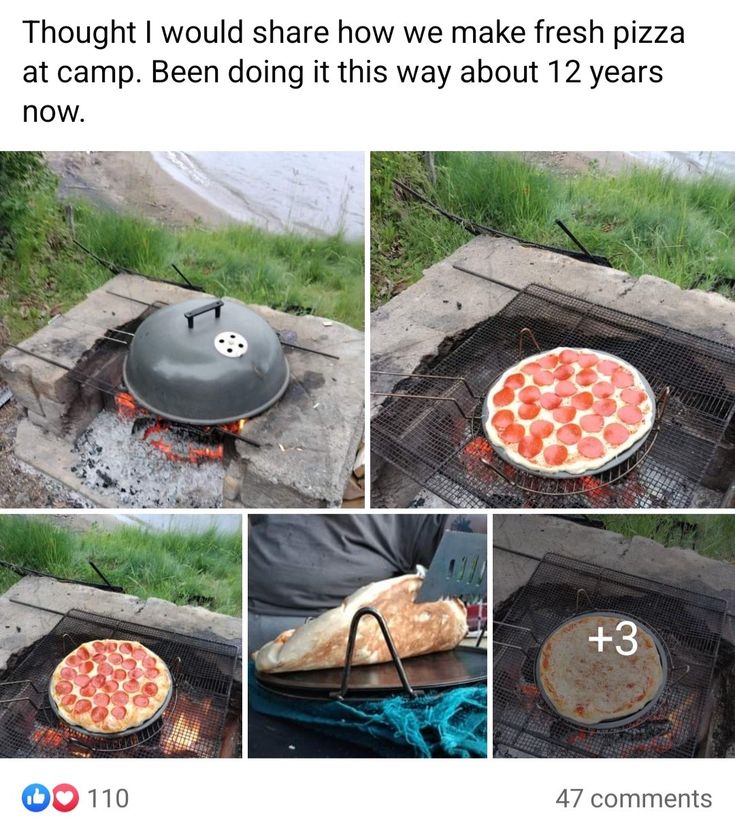 the pizza is being cooked on the grill with other pictures showing it's cooking process