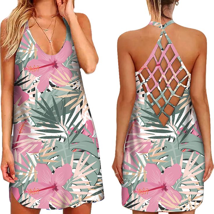 Women's Sexy Hollow Suspender Party Dress Backless Hawaiian Style Floral Print Sling Cutout Vestidos Summer Women's Dress Strappy Stretch Beach Dress, Stretch Dress With Crisscross Straps For The Beach, Summer Backless Dress With Adjustable Straps For Night Out, Backless Suspender Dress With Straps For Vacation, Summer V-neck Backless Dress With Crisscross Straps, Vacation Backless Suspender Dress With Straps, Fitted Beach Suspender Sling Dress, Stretch Dresses With Straps For Vacation, Fitted Sling Suspender Dress For Beach