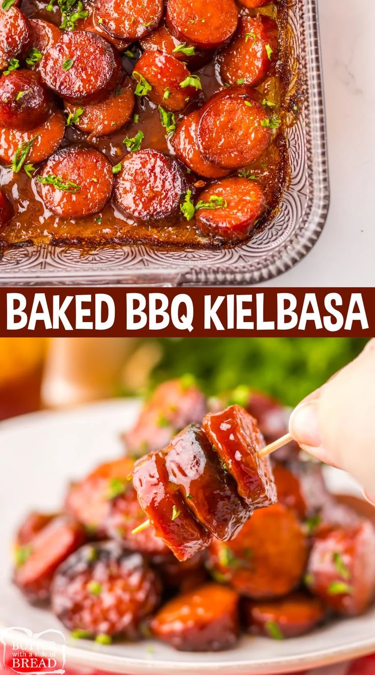 baked bbq kielbasa on a white plate and in a glass baking dish