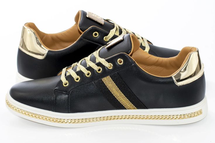 Combining vintage 1980's style with modern, elegant flair, this showy lace up sneaker features a lionhead decorated tongue and flashy gold chain motif around the outsole for slick, urban appeal that even accents semi-formal outfits. Men's Dress Sneaker PU Leather Upper Rubber Sole Wide-Laces Lionhead Tongue-Bit Mens Dress Sneakers, Dress Sneaker, Black And Gold Sneakers, Semi Casual Outfit, 1980's Style, Semi Formal Outfits, Gold Sneakers, Slow Dance, Floral Designer