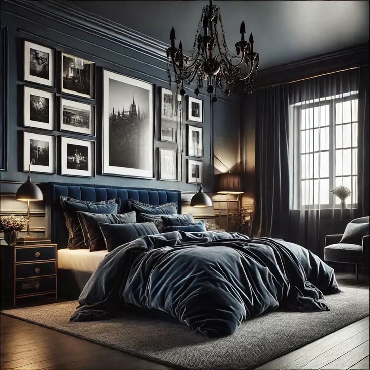 a bedroom with black walls and pictures on the wall