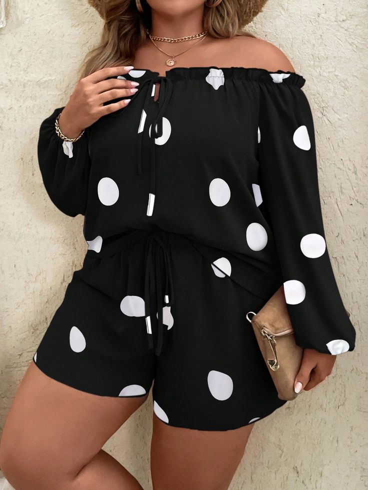 Black and White Casual Collar   Polka Dot  Embellished Medium Stretch  Women Plus Clothing Black Romper Shorts, Street Shopping, Lantern Sleeve Top, Plus Size Mini Dresses, Lantern Sleeved Blouses, Midi Dress Plus Size, Plus Size Romper, Casual Tie, Custom Size Dresses