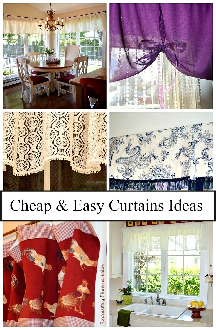 several different curtains and valances are shown in this collage with the words, cheap & easy curtains ideas