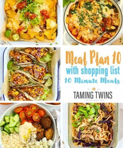 the meal plan 10 with shopping list is shown in four different pictures, including pasta and veggies