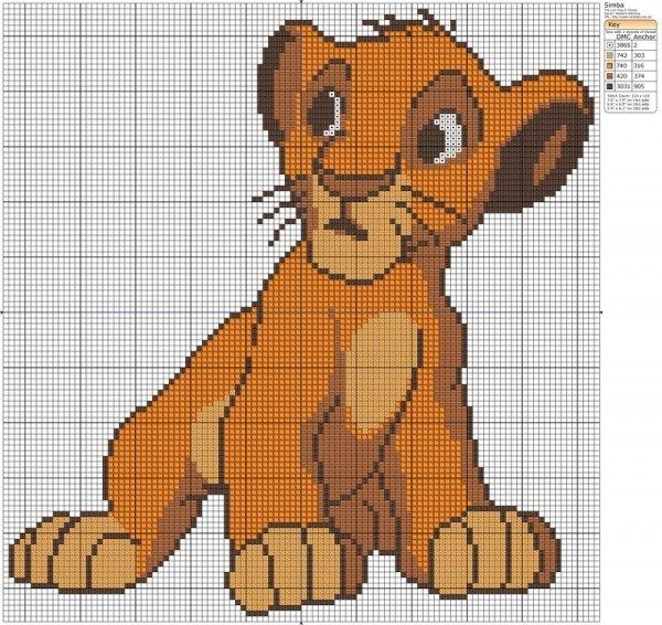 a cross stitch pattern of a lion cub sitting in front of a white background,