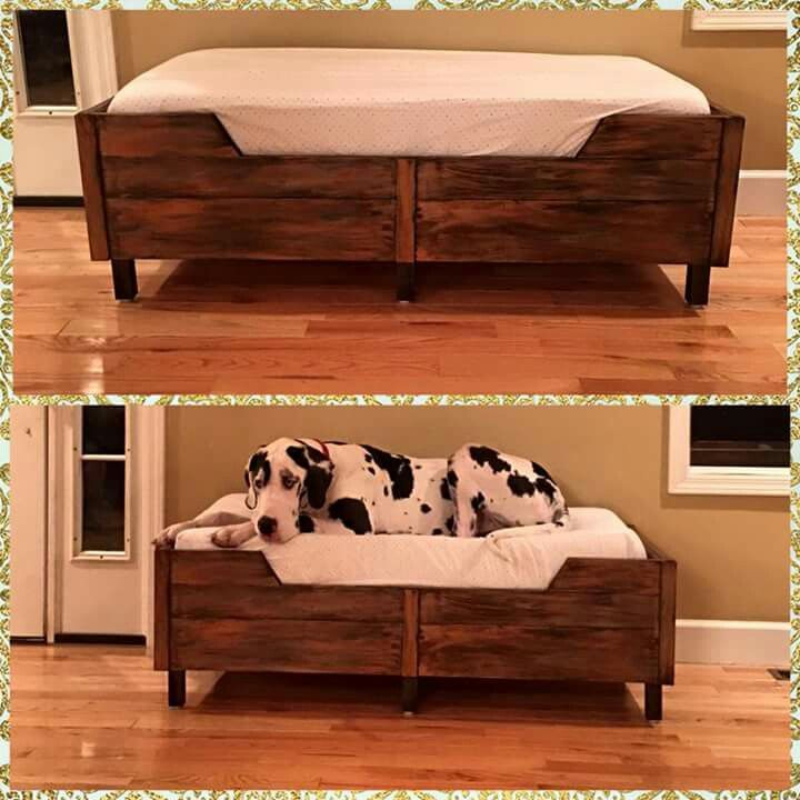 two pictures of a dog laying on top of a bed in a room with hardwood floors