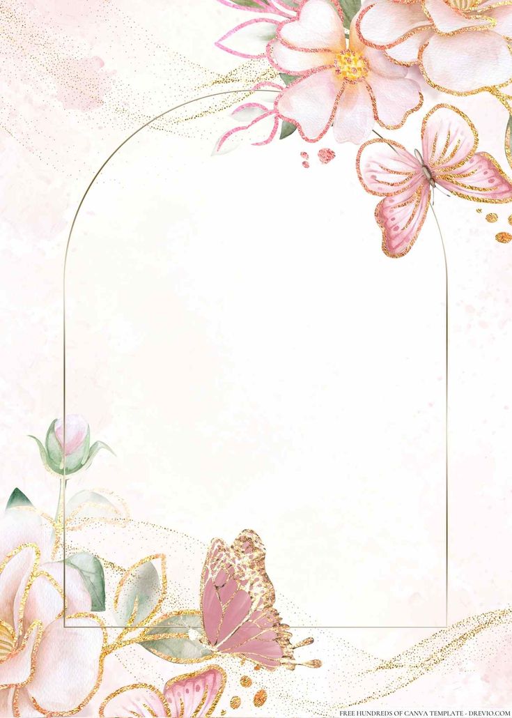 pink flowers and butterflies on a white background with a gold frame for the text in the center