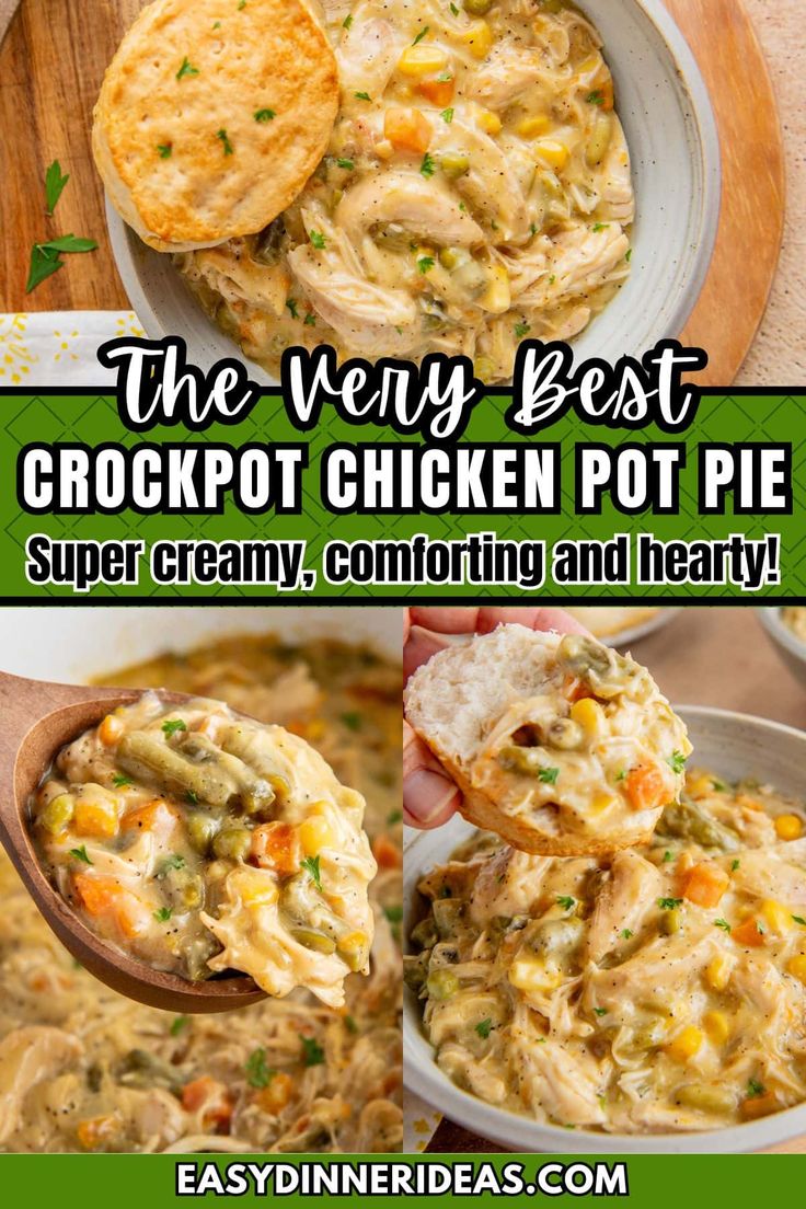 the very best crockpot chicken pot pie is super creamy, comforting and hearty