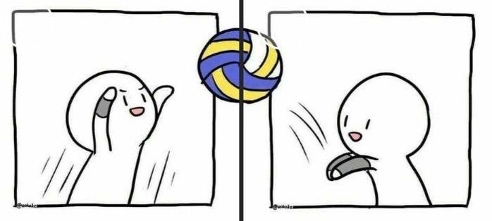 two pictures with one ball and the other is in front of it, while another cartoon appears to be playing volleyball