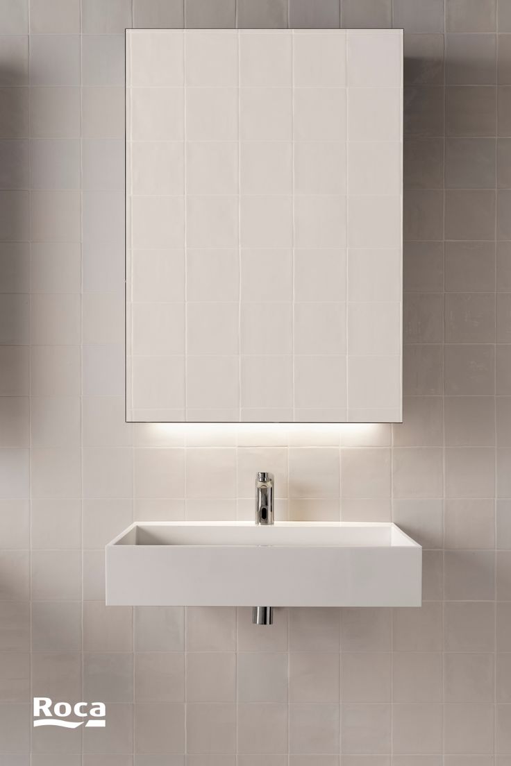 architectural wall mounted washbasin with illuminated mirror cabinet above Generational Homes, Roca Bathroom, Touchless Faucet, Washroom Design, Bath Faucet, Flush Toilet, Save Water, Shower Faucet, Kitchen Faucet