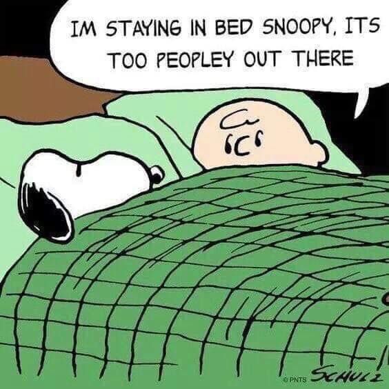 a cartoon depicting a man sleeping in bed with the caption saying i'm staying in bed snoopy, it's too people out there