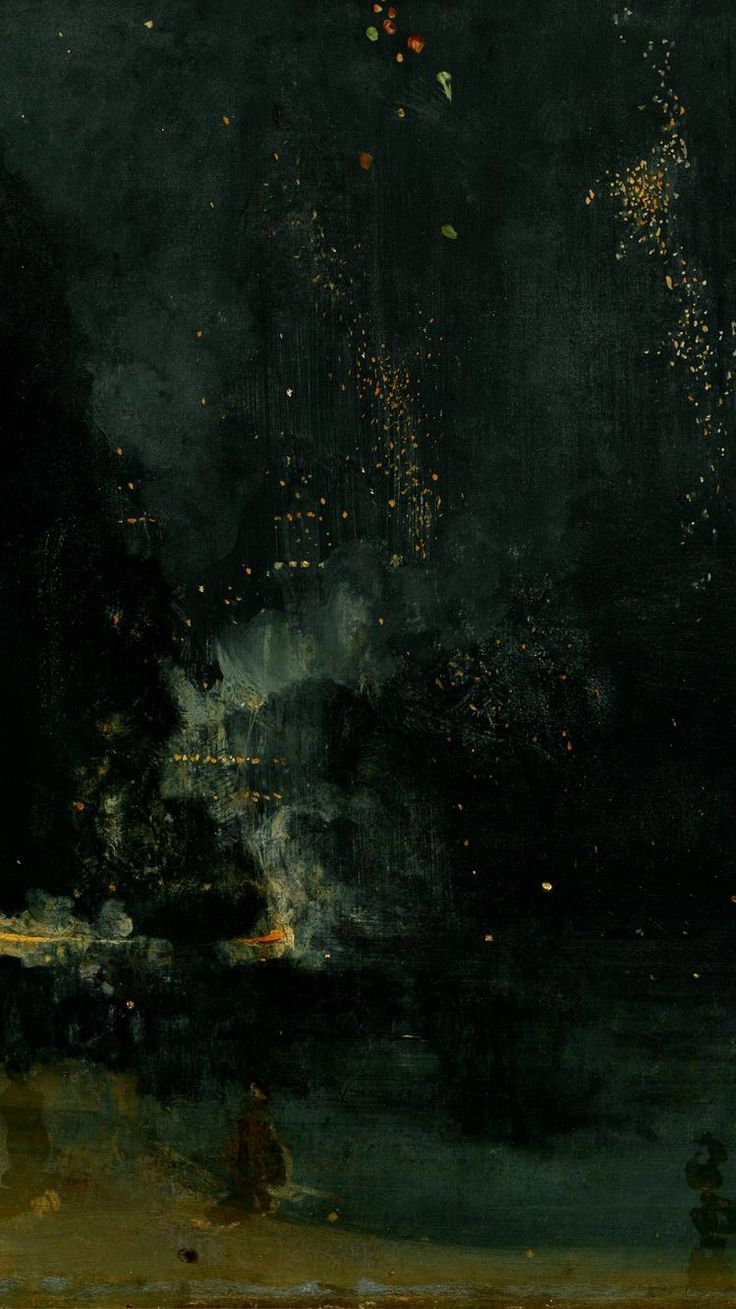 an oil painting of fireworks in the night sky over a body of water with birds flying overhead