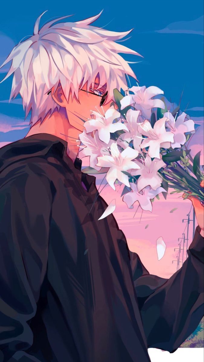 an anime character holding flowers in his hand