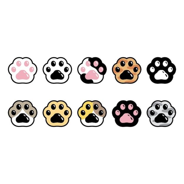 an assortment of dog paw prints on a white background with black, pink, and yellow paws