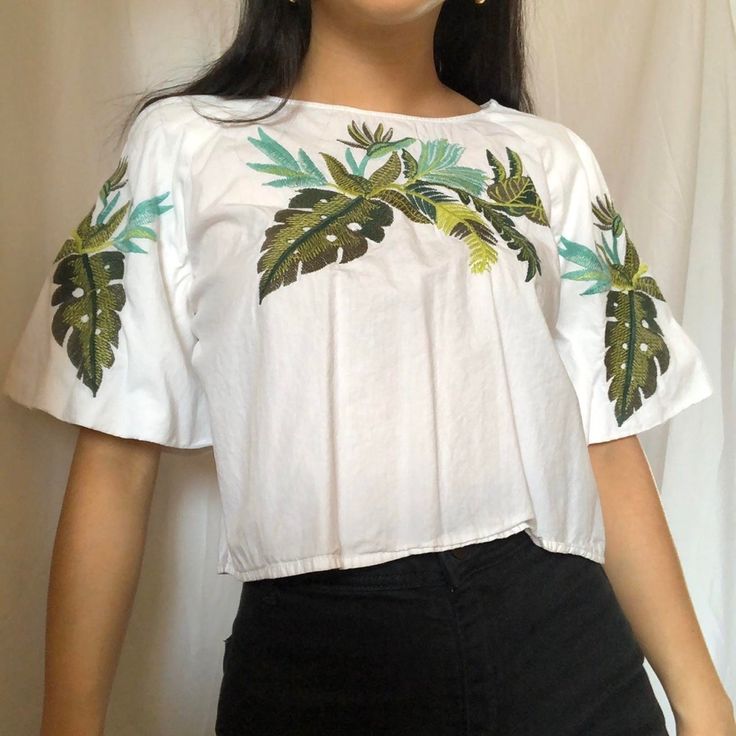 Gorgeous New With Tags Zara Basic Special Collection Leaf Top Embroidery On Sides And Front Size S Made In India Sold Out Online Summer White Embroidered Top, White Embroidered Summer Top, Zara Embroidered Cotton Blouse, White Top With Geometric Embroidery For Vacation, White Casual Embroidered Top With Floral Print, White Summer Blouse With Tropical Print, Embroidered White Summer Top, Casual White Embroidered Top With Floral Print, White Cotton Tops With Tropical Print