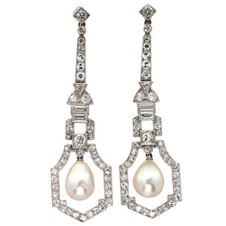 A pair of Art Deco natural pearl and diamond drop earrings, each earring comprising a pear-shaped natural pearl drop, Precious Stone Laboratory certificate, to the centre of a geometric openwork diamond-set cluster surround, from a run of brilliant-, trilliant- and baguette-cut diamonds in a geometric design, estimated to weigh a total of 2.2 carats for both earrings, all set in platinum to a hook and screw fitting, circa 1920, measuring approximately 5.1 x 1.4cm, gross weight 10.4 grams. A pair Dream Earrings, Art Deco Drop Earrings, Bijoux Art Deco, Bijoux Art Nouveau, Vintage Drop Earrings, Deco Earrings, Pearl And Diamond Earrings, Art Deco Earrings, Natural Pearl