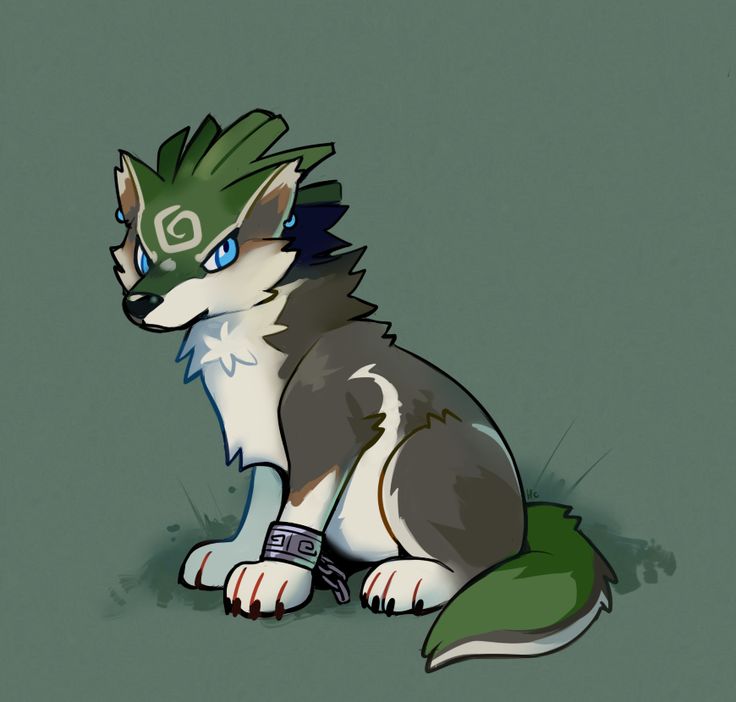 a drawing of a wolf sitting on the ground with blue eyes and green tailing