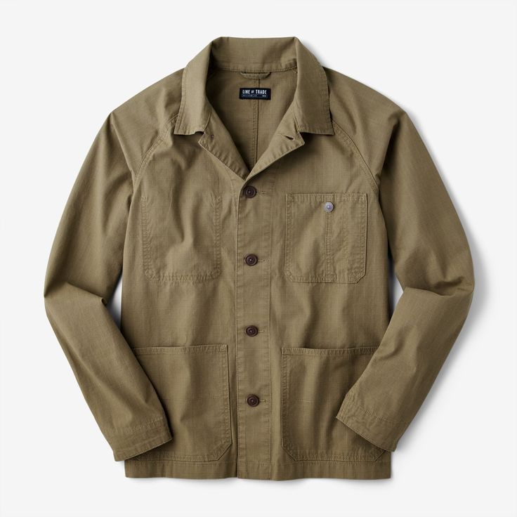 Since the 19th century the chore jacket has been synonymous with utilitarian workwear. Line of Trade pays homage to those silhouettes in a premium, upgraded build here in the Cooper Chore. With a broken-in feel from first wear, this jacket shows up work-ready, featuring sturdy double-needle stitching and a fortified cotton ripstop construction, all while staying lightweight enough to layer through the seasons as needed. Its raglan sleeves are cut for a relaxed fit, while four pockets - two spaci Vintage Utility Jacket With Relaxed Fit And Welt Pockets, Vintage Unstructured Utility Jacket For Fall, Classic Unstructured Khaki Utility Jacket, Unstructured Khaki Outerwear With Button Closure, Unstructured Utility Jacket With Lapel Collar, Classic Solid Utility Jacket With Welt Pockets, Vintage Unstructured Utility Jacket With Button Closure, Vintage Unstructured Outerwear For Everyday, Military Style Cotton Utility Jacket With Buttoned Pockets