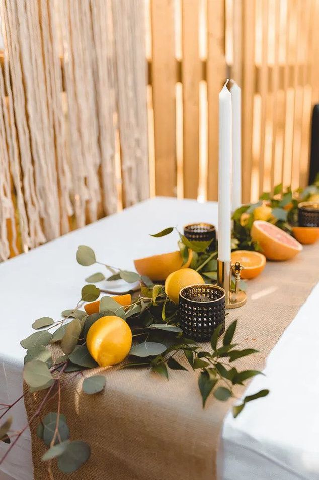 Citrus inspired table decor Orange Tablescape, Citrus Party, Orange Birthday Parties, Lemon Centerpieces, Simple Table Decorations, Summer Table Decorations, Summer Table Runner, Brunch Decor, Simple Table Settings