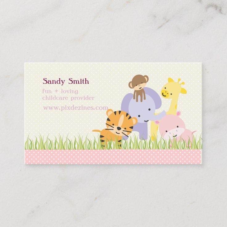 a business card with an elephant, giraffe and baby animals on the front