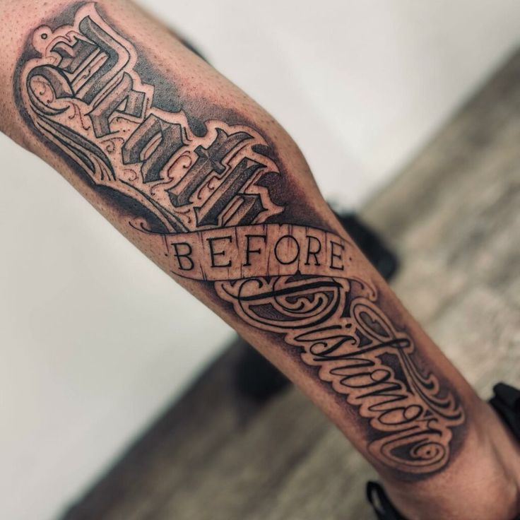 a man with a tattoo on his leg that reads, before and after it is done