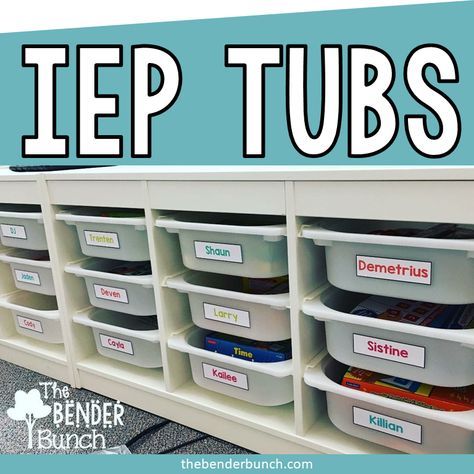 several bins with labels on them and the words iep tubs