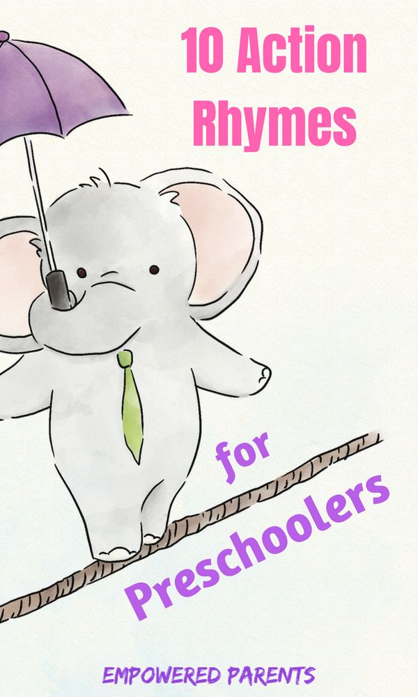 an elephant holding an umbrella on top of a rope with the words, 10 action rhymes for preschoolers