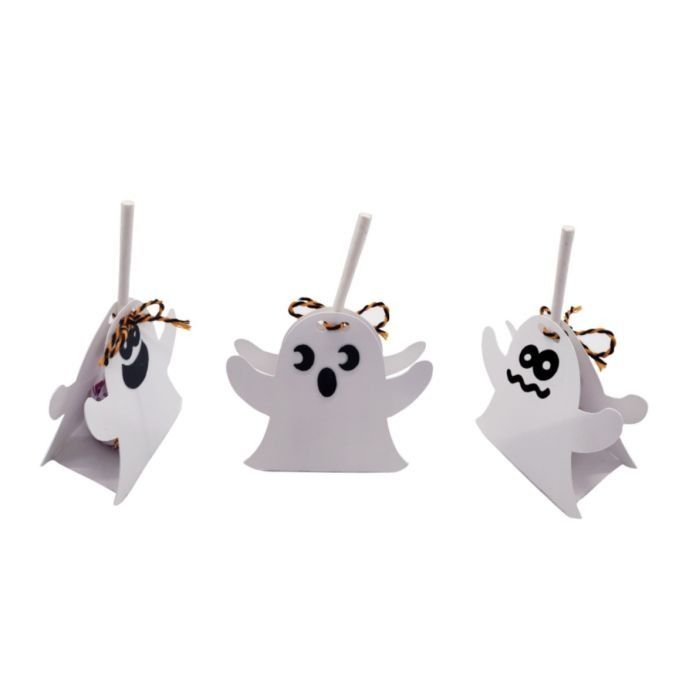 three white paper ghost ornaments hanging from twine