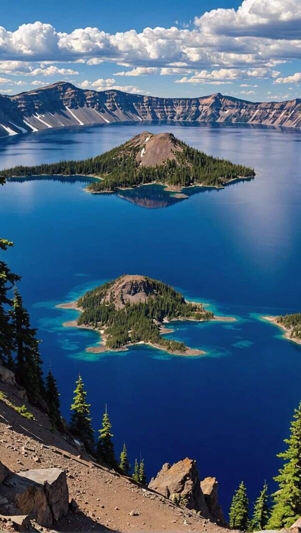 an island in the middle of a lake surrounded by mountains and pine trees with blue water