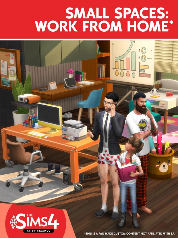 an image of a family in the office with text that reads, small spaces work from home