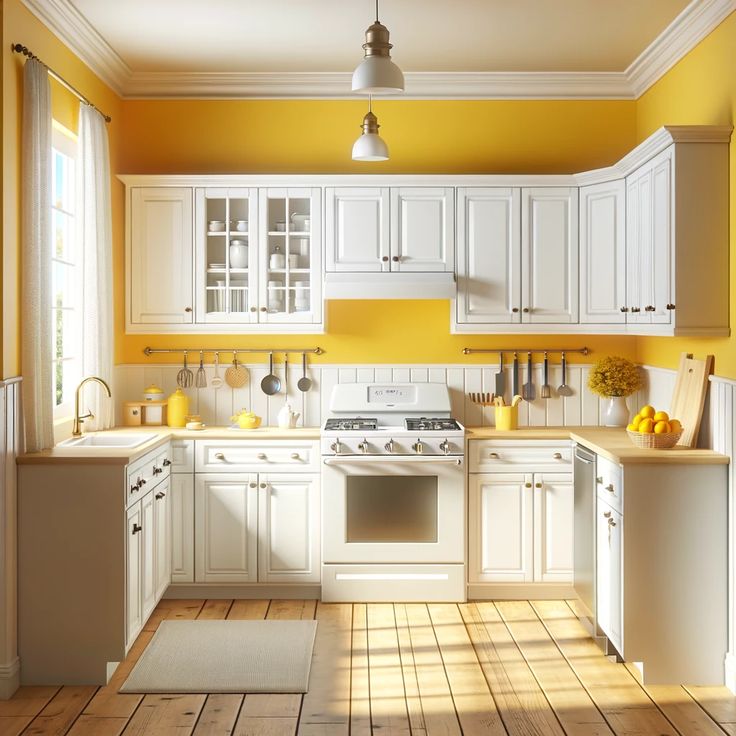 a kitchen with yellow walls and white cabinets, wood flooring on the wooden floors