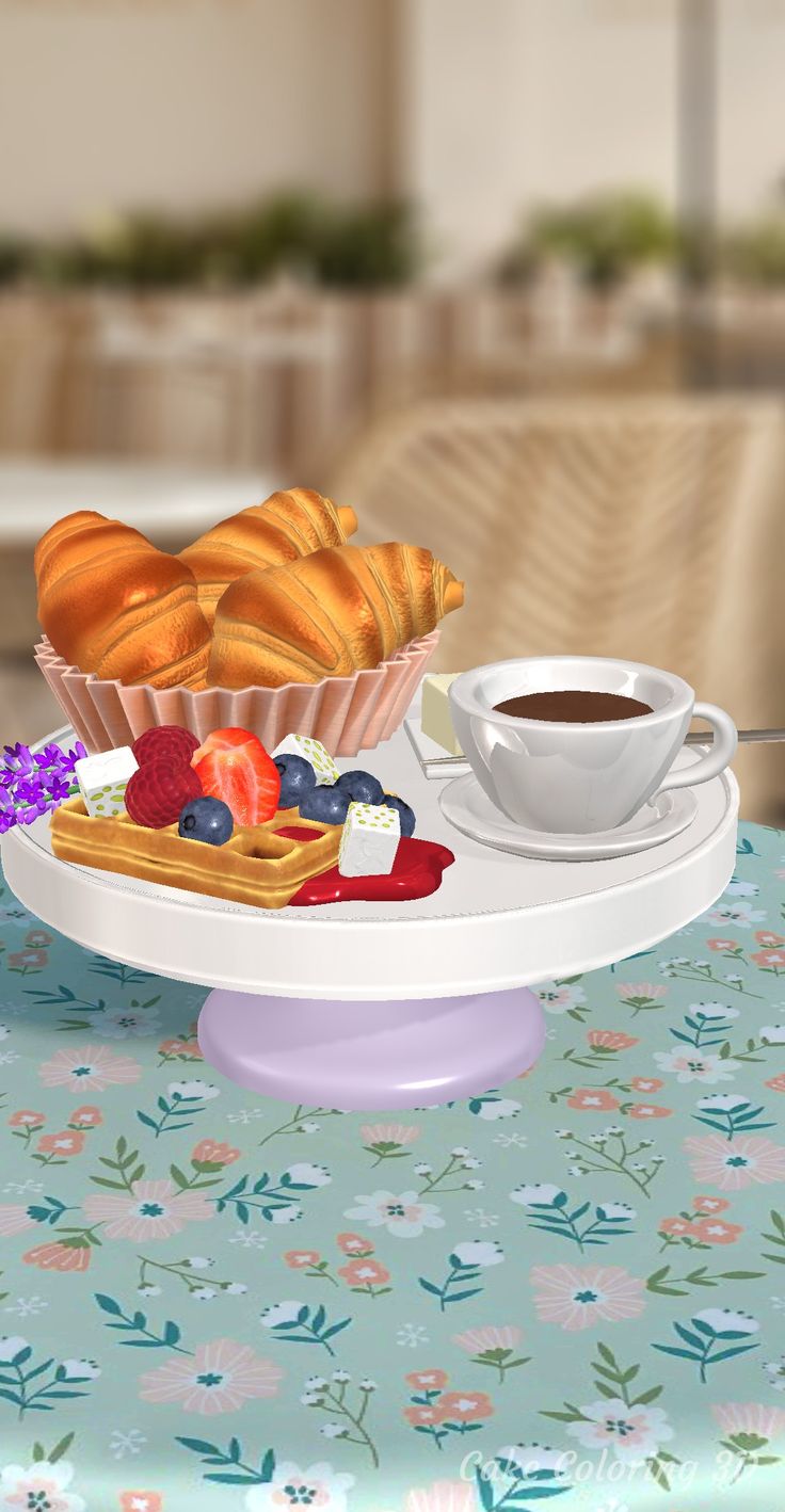 a plate with pastries, fruit and coffee on it next to a flowered table cloth