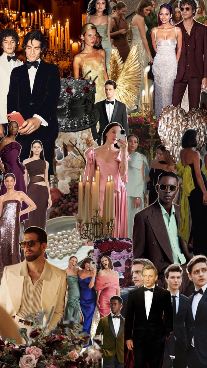 Moody and romantic wedding guest mood board and colour palette, women and men dressed in black tie attire in moody and romantic colour ways, deep red, blacks, deep and light greens, romantic rose pink, browns, reds, deep purples Romantic Bridesmaid Dresses, Romantic Wedding, Wedding Inspo, Wedding Guest, Bridesmaid Dresses, Wedding Dress, Dresses