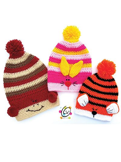 three crocheted hats with different colors and designs, one has a cat face on it