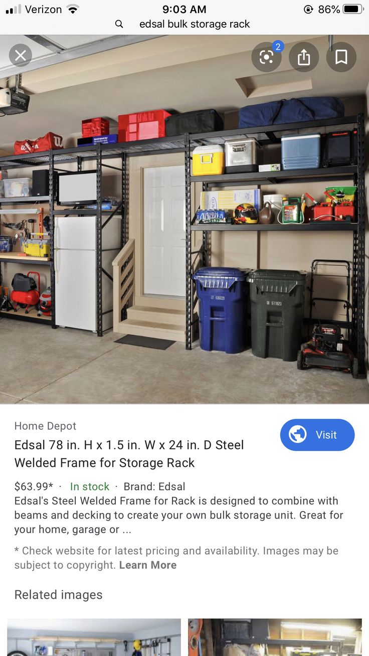 an image of a garage with various items on the shelves and below it, there is a