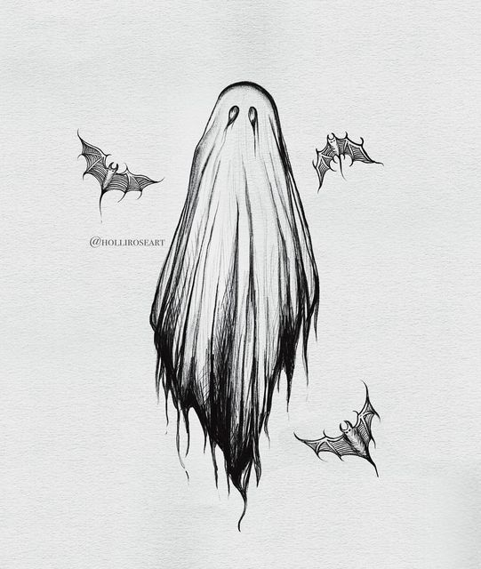 a drawing of a ghost surrounded by bats