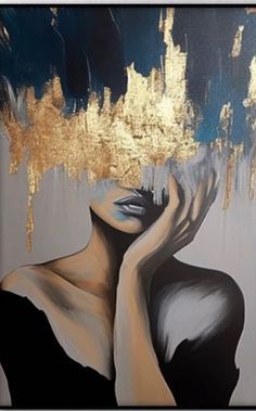 a painting of a woman with her hands on her face and gold paint splattered over her head