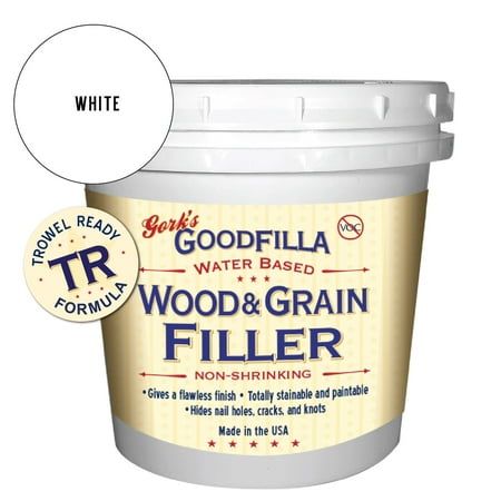 a bucket of wood and grain filler next to a label for goodfella