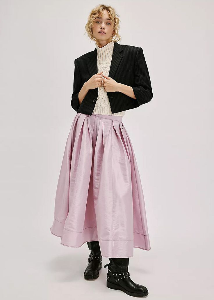 A true party staple, this special stunning skirt will turn heads with every wear. An essential piece to dress up or down, pair this with a silky cami or chunky sweater for endless ways to wear. High-rise, full A-line silhouette. Sheen finish. Pleating at top. Finished hem. Invisible zip closure. Poplin fabrication. 50% Nylon 50% Polyester. Model is wearing a size S. Womens Going Out Tops, Dresses Fancy, Denim Sweatshirt, Rush Dresses, Pullover Cardigan, Plum Blossom, Maxi Dresses Casual, Midi Maxi Dress, Chunky Sweater