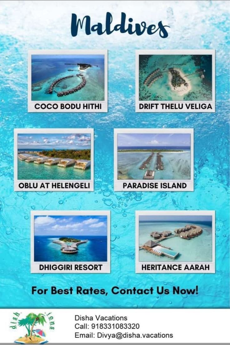 the flyer for an island resort is shown in blue water and features pictures of different islands