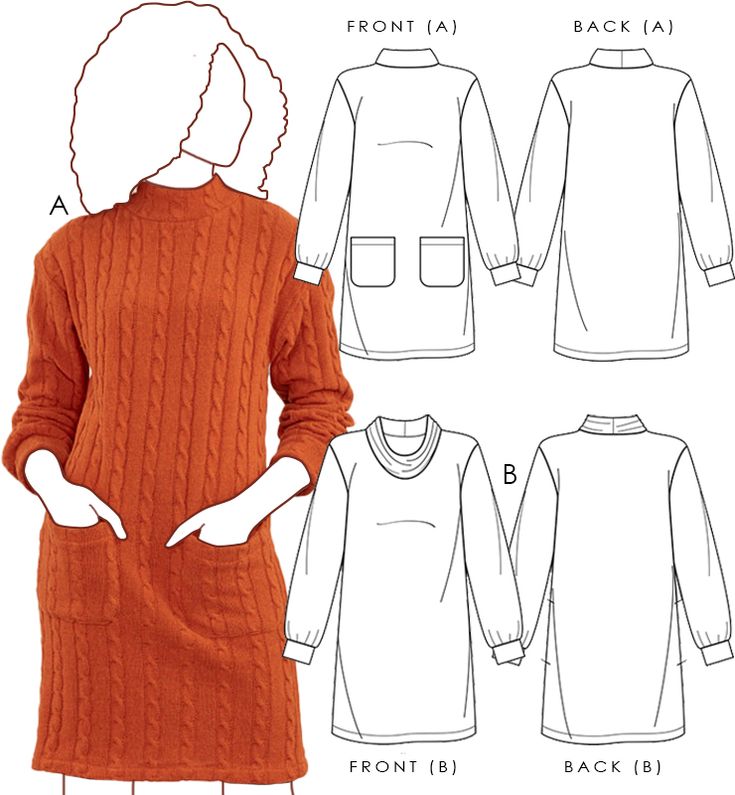 the front and back view of an orange sweater dress, with long sleeves and pockets