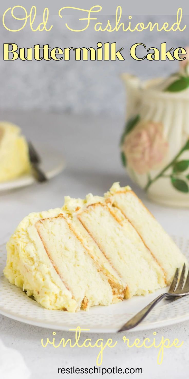 a slice of buttermilk cake on a white plate