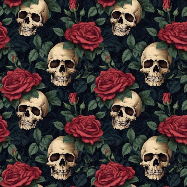 a skull and red roses on a black background