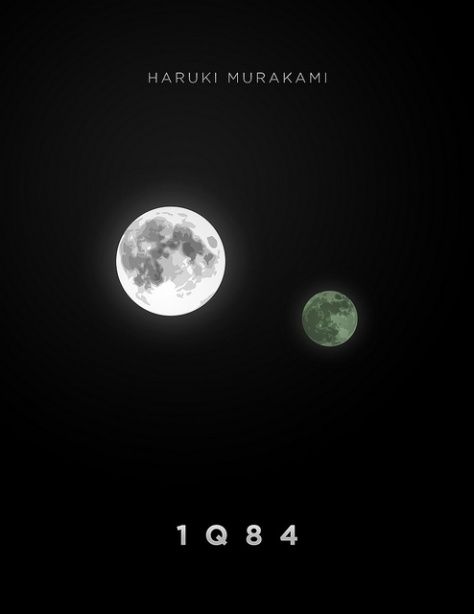 three different moon phases in the dark sky with numbers below them that read, haruki murakani 1084